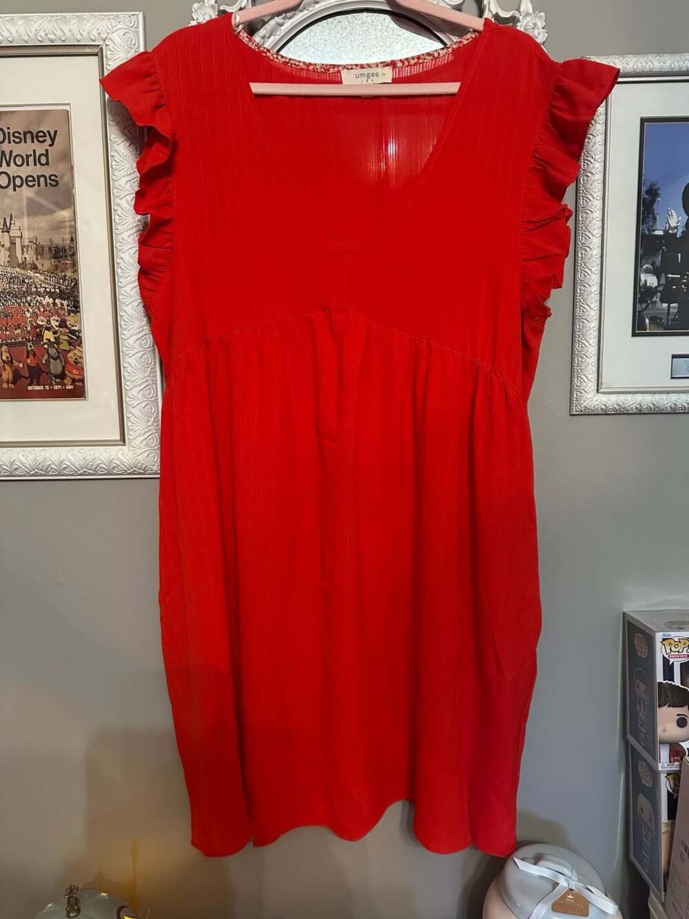 Umgee USA Women's Red V-Neck Ruffle Sleeve Dress w/ pockets